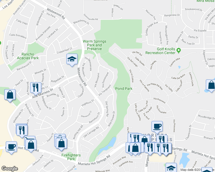 map of restaurants, bars, coffee shops, grocery stores, and more near 39641 Via Temprano in Murrieta