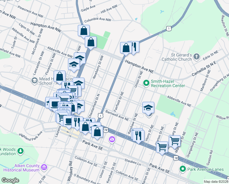 map of restaurants, bars, coffee shops, grocery stores, and more near 210 Edgefield Avenue Northwest in Aiken
