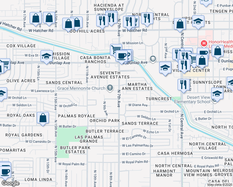 map of restaurants, bars, coffee shops, grocery stores, and more near 8702 North 7th Avenue in Phoenix