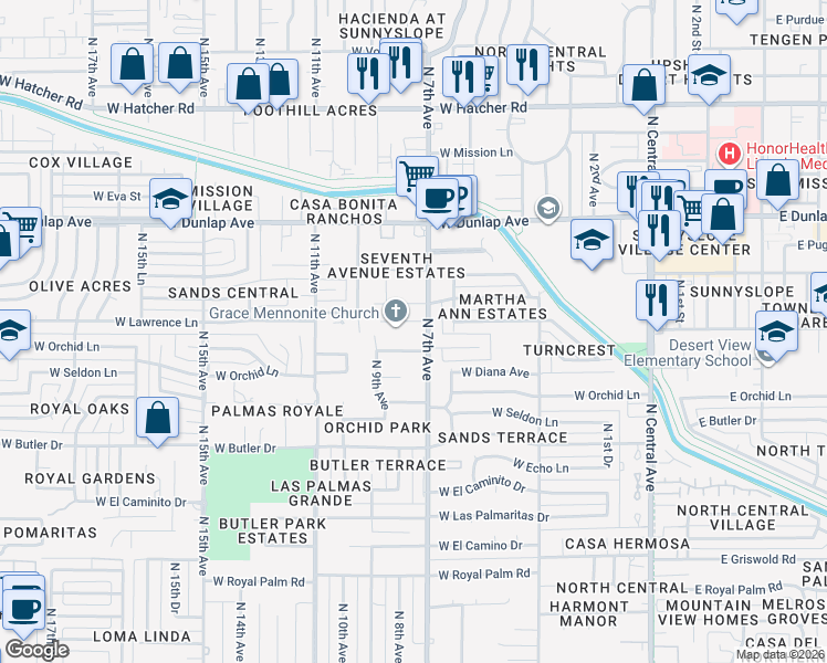 map of restaurants, bars, coffee shops, grocery stores, and more near 8702 North 7th Avenue in Phoenix