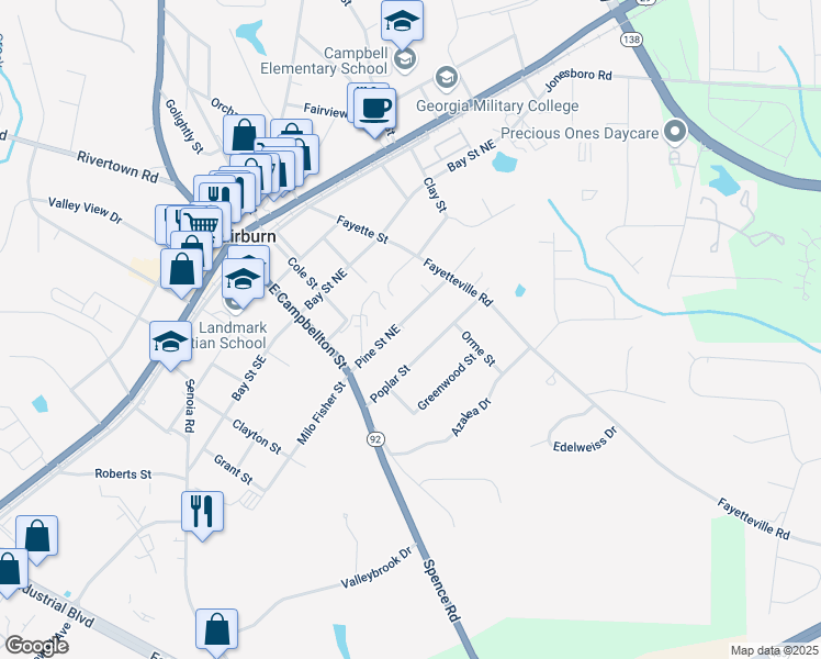 map of restaurants, bars, coffee shops, grocery stores, and more near 105 Pine Street Northeast in Fairburn