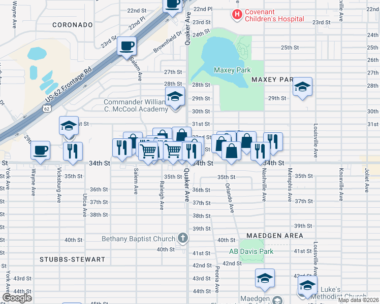 map of restaurants, bars, coffee shops, grocery stores, and more near 3302 Quaker Avenue in Lubbock