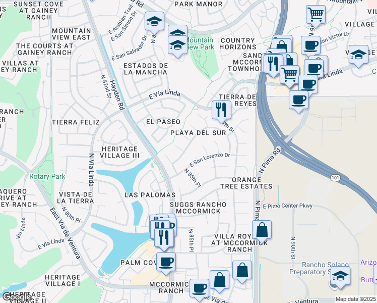 map of restaurants, bars, coffee shops, grocery stores, and more near 8531 East San Marcos Drive in Scottsdale