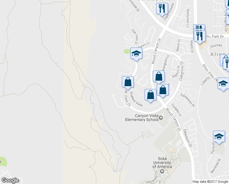map of restaurants, bars, coffee shops, grocery stores, and more near 7 Gatewood Drive in Aliso Viejo