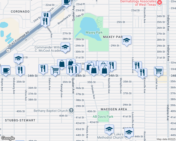 map of restaurants, bars, coffee shops, grocery stores, and more near 4117 33rd Street in Lubbock