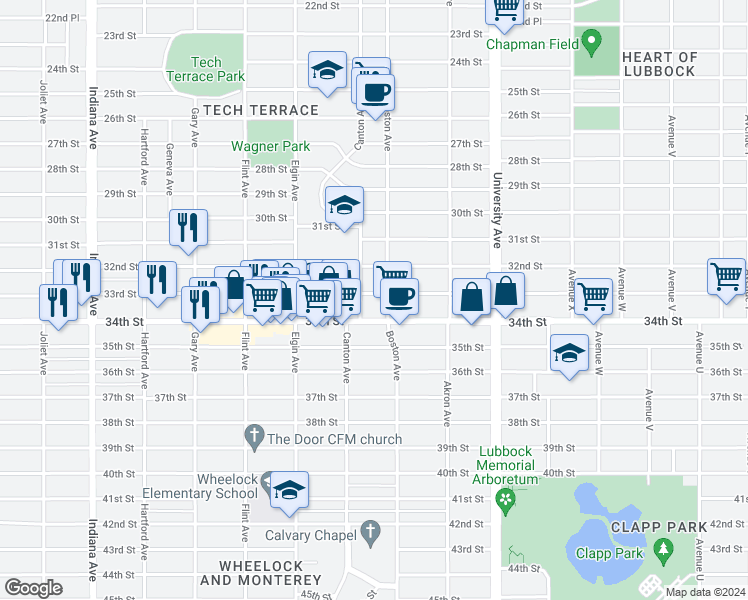 map of restaurants, bars, coffee shops, grocery stores, and more near 2705 33rd Street in Lubbock