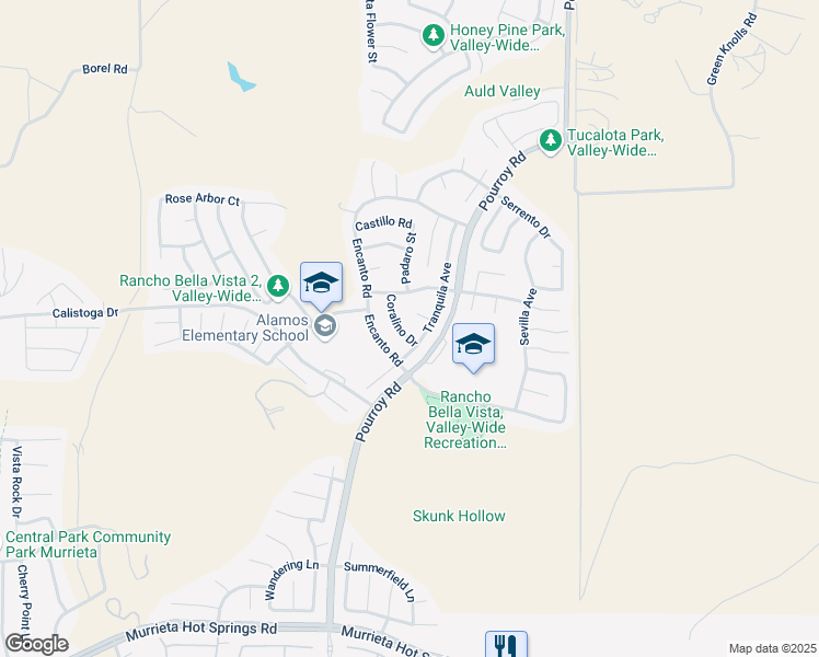 map of restaurants, bars, coffee shops, grocery stores, and more near 38434 Coralino Drive in Murrieta