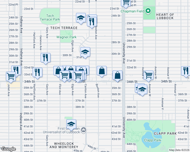 map of restaurants, bars, coffee shops, grocery stores, and more near 2703 33rd Street in Lubbock