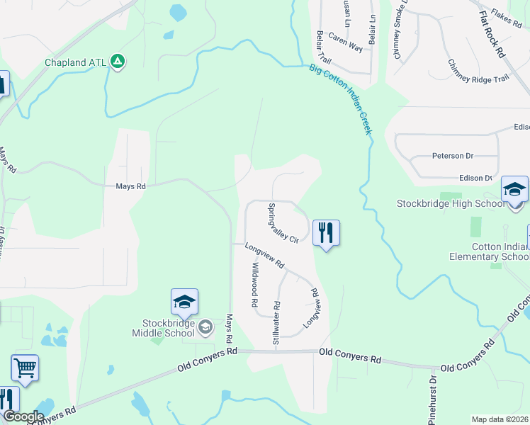 map of restaurants, bars, coffee shops, grocery stores, and more near 166 Springvalley Circle in Stockbridge