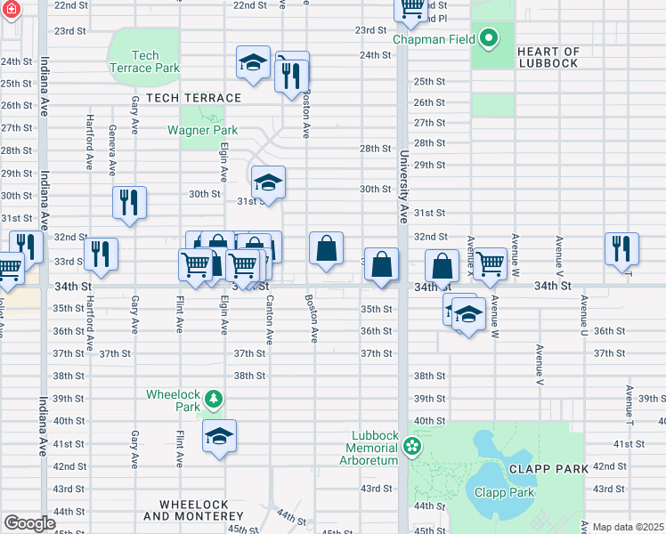 map of restaurants, bars, coffee shops, grocery stores, and more near 2613 33rd Street in Lubbock