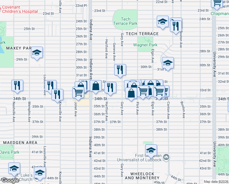 map of restaurants, bars, coffee shops, grocery stores, and more near 3211 33rd Street in Lubbock