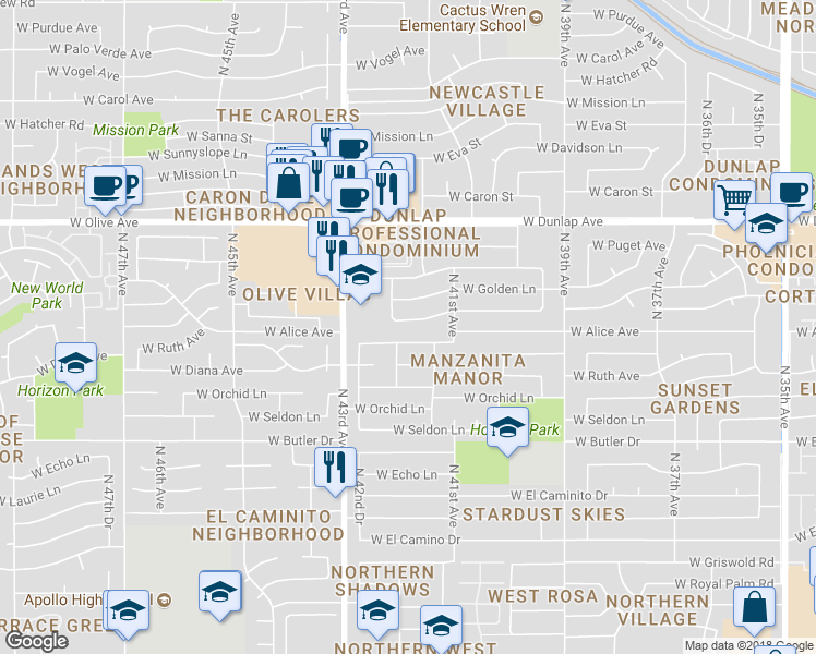 map of restaurants, bars, coffee shops, grocery stores, and more near 4221 West Lawrence Lane in Phoenix