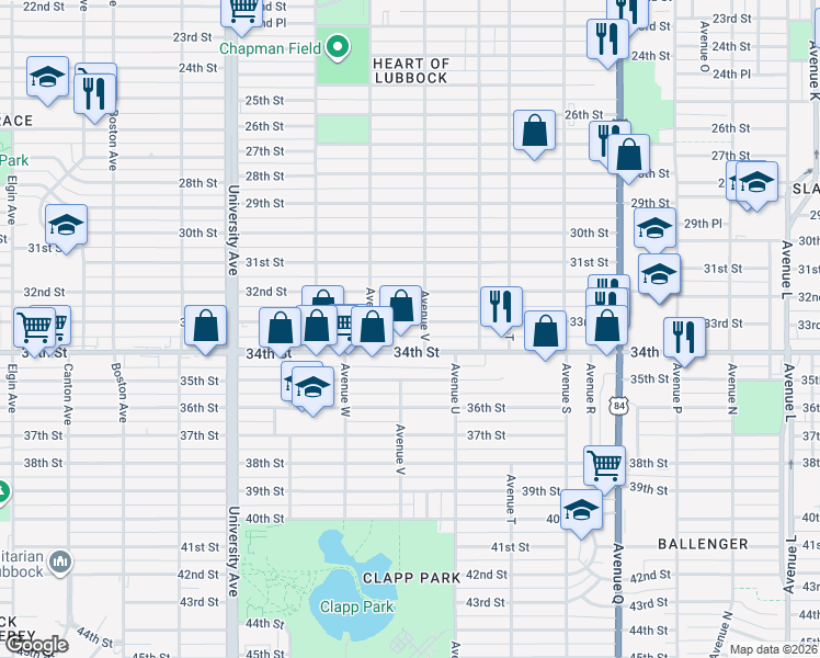 map of restaurants, bars, coffee shops, grocery stores, and more near 2205 33rd Street in Lubbock