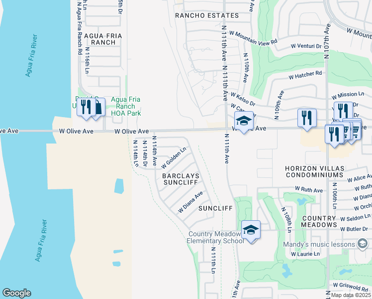 map of restaurants, bars, coffee shops, grocery stores, and more near 11203 W Golden Ln in Peoria