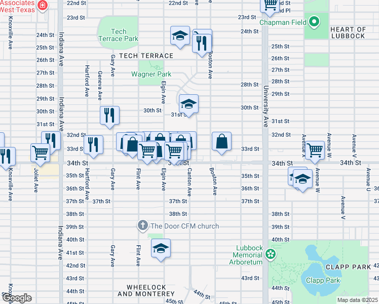 map of restaurants, bars, coffee shops, grocery stores, and more near 2805 33rd Street in Lubbock