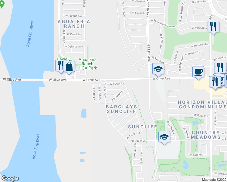 map of restaurants, bars, coffee shops, grocery stores, and more near 11313 West Townley Avenue in Peoria