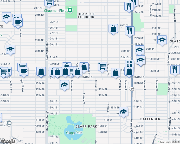 map of restaurants, bars, coffee shops, grocery stores, and more near 2205 33rd Street in Lubbock