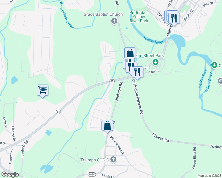 map of restaurants, bars, coffee shops, grocery stores, and more near 30 Wynfield Drive in Porterdale
