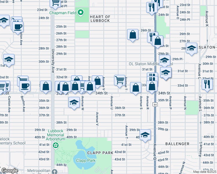 map of restaurants, bars, coffee shops, grocery stores, and more near 2117 33rd Street in Lubbock