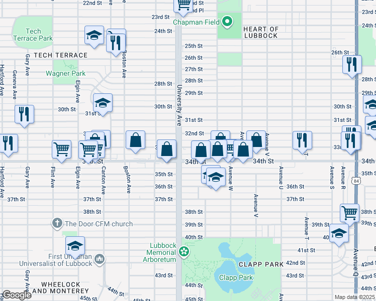 map of restaurants, bars, coffee shops, grocery stores, and more near 2423 33rd Street in Lubbock