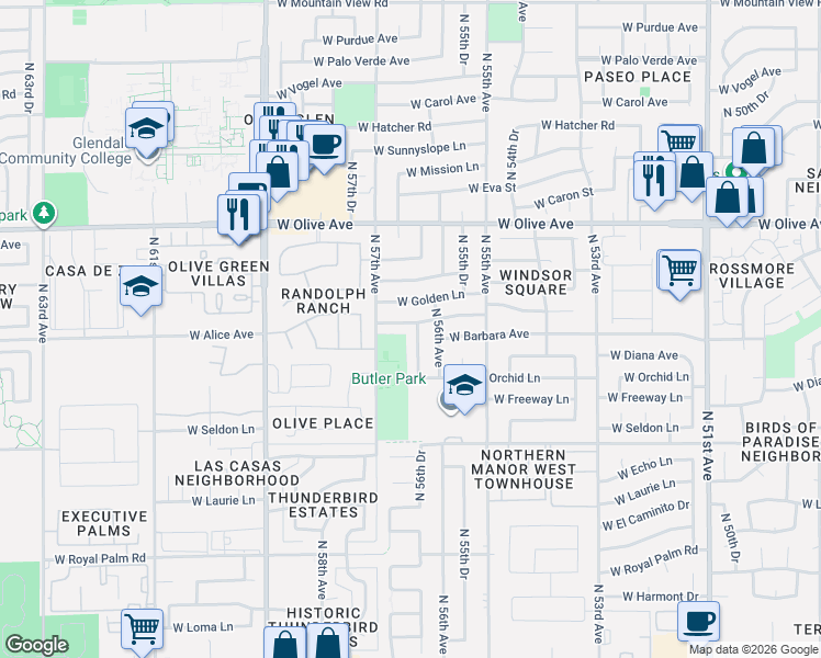map of restaurants, bars, coffee shops, grocery stores, and more near 8652 North 56th Drive in Glendale