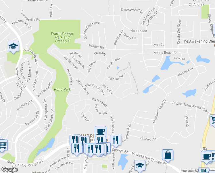 map of restaurants, bars, coffee shops, grocery stores, and more near 38340 Via Taffia in Murrieta