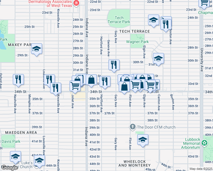 map of restaurants, bars, coffee shops, grocery stores, and more near 3215 33rd Street in Lubbock