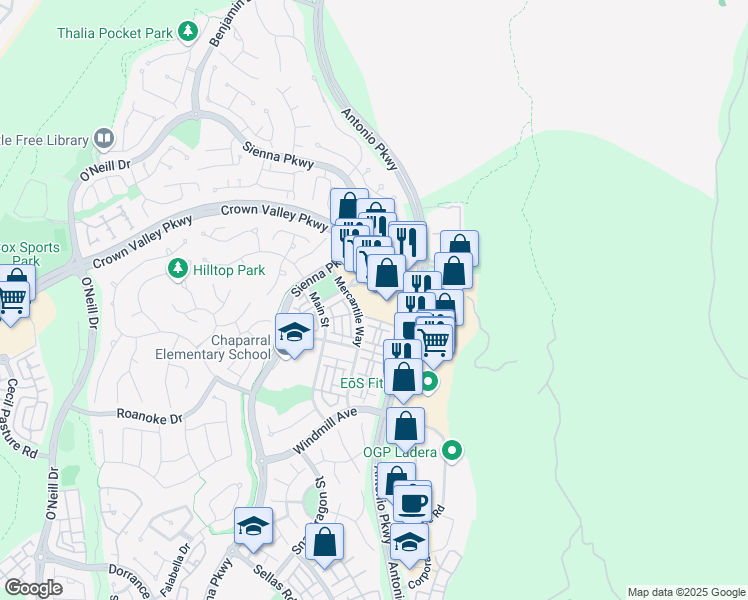 map of restaurants, bars, coffee shops, grocery stores, and more near 25636 Crown Valley Parkway in Ladera Ranch
