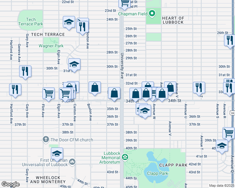 map of restaurants, bars, coffee shops, grocery stores, and more near 2505 33rd Street in Lubbock