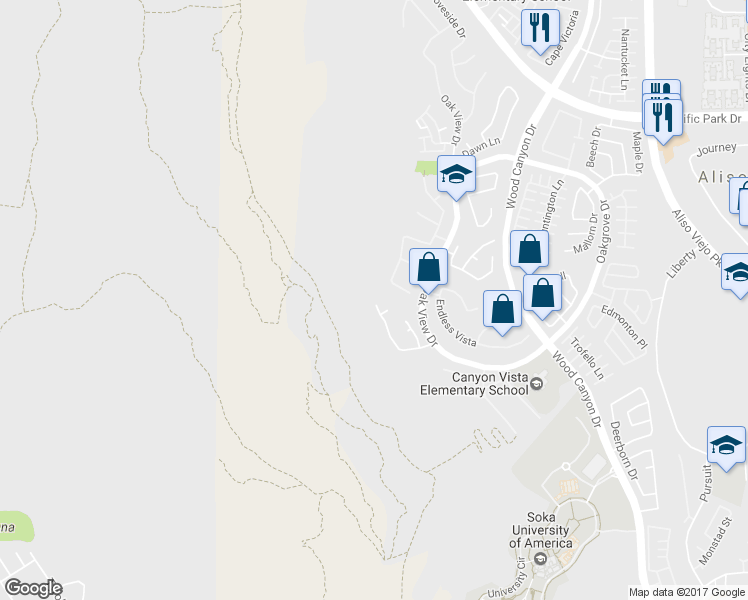 map of restaurants, bars, coffee shops, grocery stores, and more near 1 Gatewood Drive in Aliso Viejo