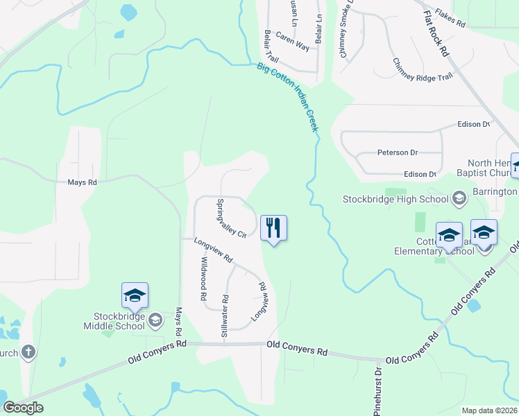 map of restaurants, bars, coffee shops, grocery stores, and more near 138 Springvalley Circle in Stockbridge
