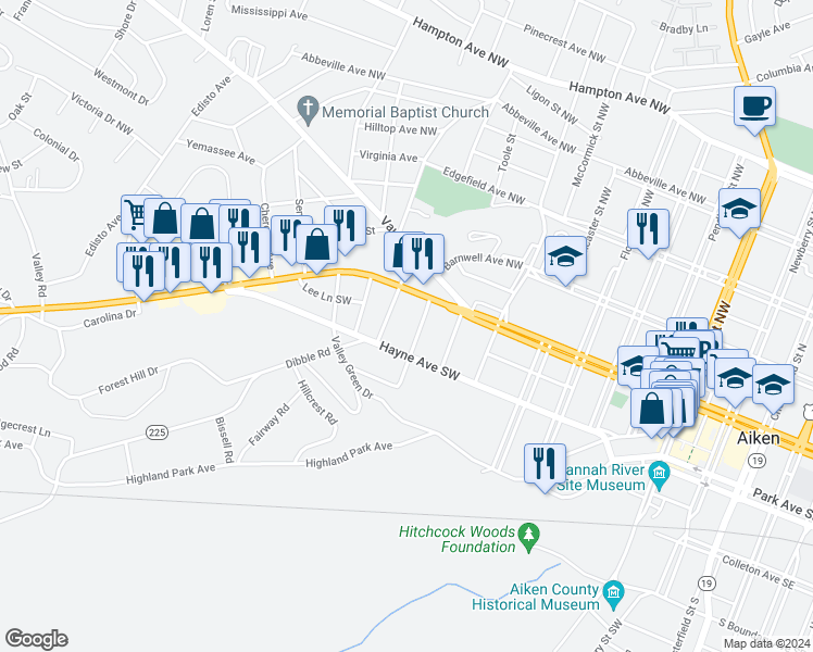 map of restaurants, bars, coffee shops, grocery stores, and more near 143 Trafalgar Street in Aiken