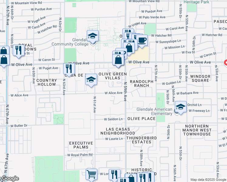 map of restaurants, bars, coffee shops, grocery stores, and more near 5936 West Alice Avenue in Glendale