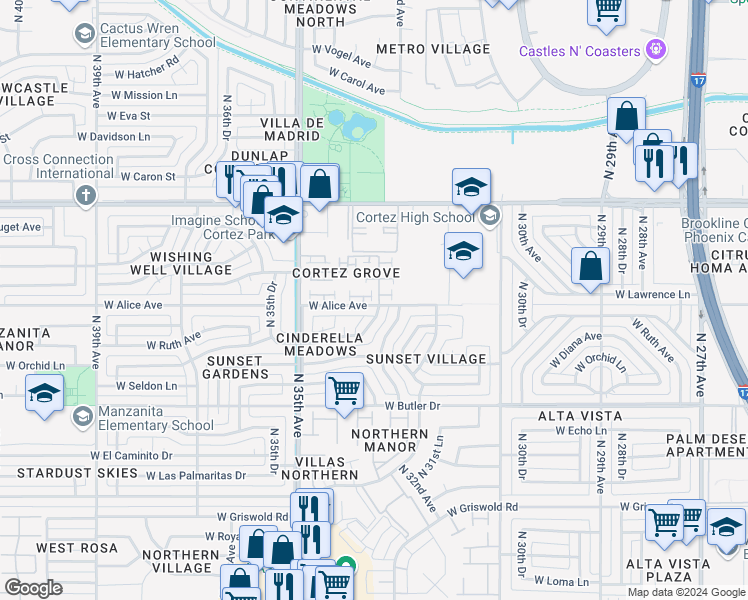 map of restaurants, bars, coffee shops, grocery stores, and more near 3323 West Tangerine Lane in Phoenix