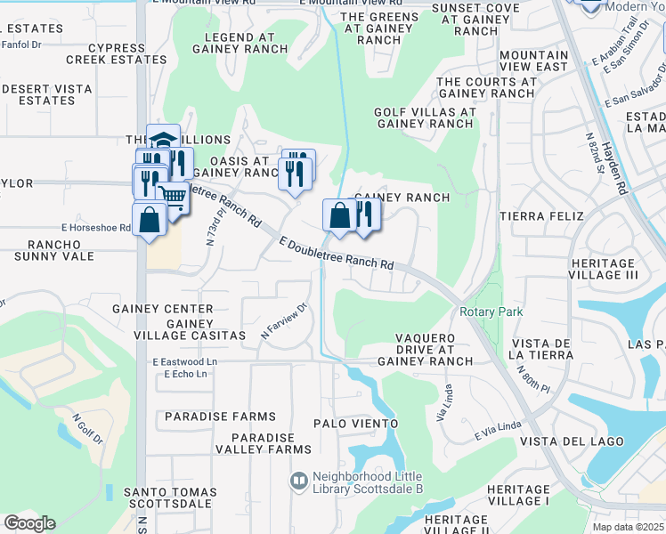 map of restaurants, bars, coffee shops, grocery stores, and more near 7620 East Vaquero Drive in Scottsdale