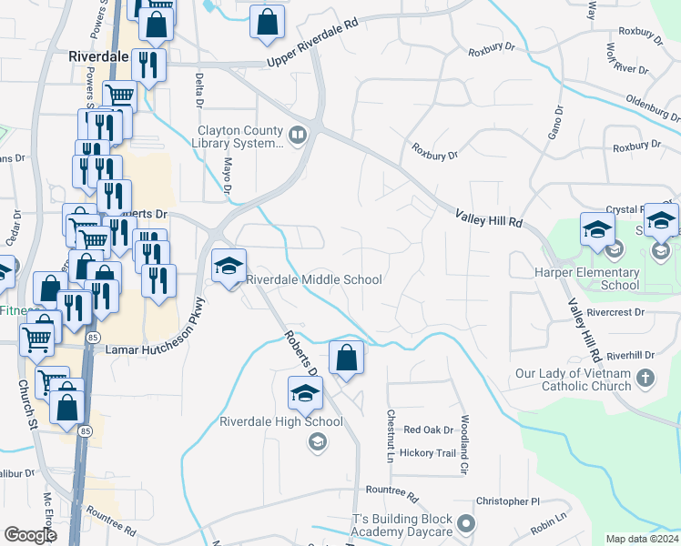 map of restaurants, bars, coffee shops, grocery stores, and more near 311 Brookview Drive in Riverdale