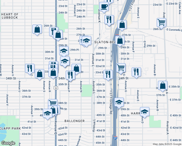 map of restaurants, bars, coffee shops, grocery stores, and more near 1123 33rd Street in Lubbock