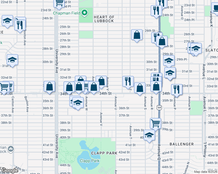 map of restaurants, bars, coffee shops, grocery stores, and more near 2205 33rd Street in Lubbock