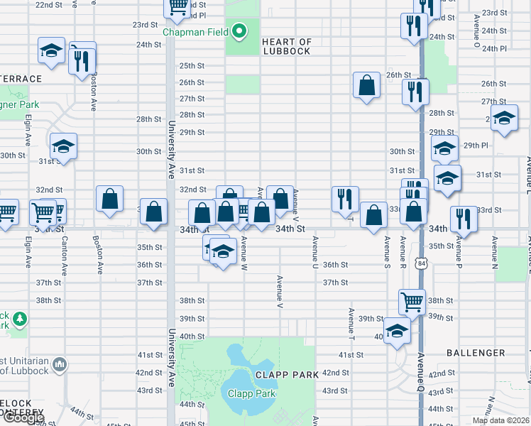 map of restaurants, bars, coffee shops, grocery stores, and more near 2219 33rd Street in Lubbock