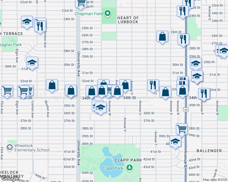 map of restaurants, bars, coffee shops, grocery stores, and more near 2219 33rd Street in Lubbock