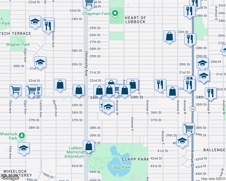 map of restaurants, bars, coffee shops, grocery stores, and more near 2323 33rd Street in Lubbock