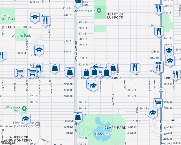 map of restaurants, bars, coffee shops, grocery stores, and more near 2405 33rd Street in Lubbock