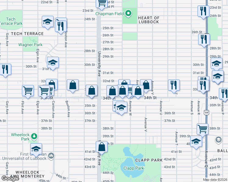 map of restaurants, bars, coffee shops, grocery stores, and more near 2405 33rd Street in Lubbock