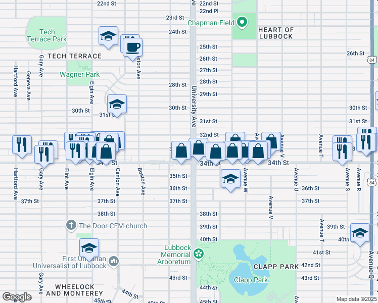 map of restaurants, bars, coffee shops, grocery stores, and more near 2505 33rd Street in Lubbock