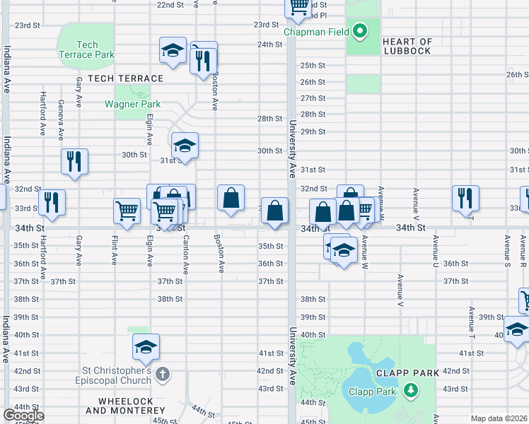 map of restaurants, bars, coffee shops, grocery stores, and more near 2517 33rd Street in Lubbock