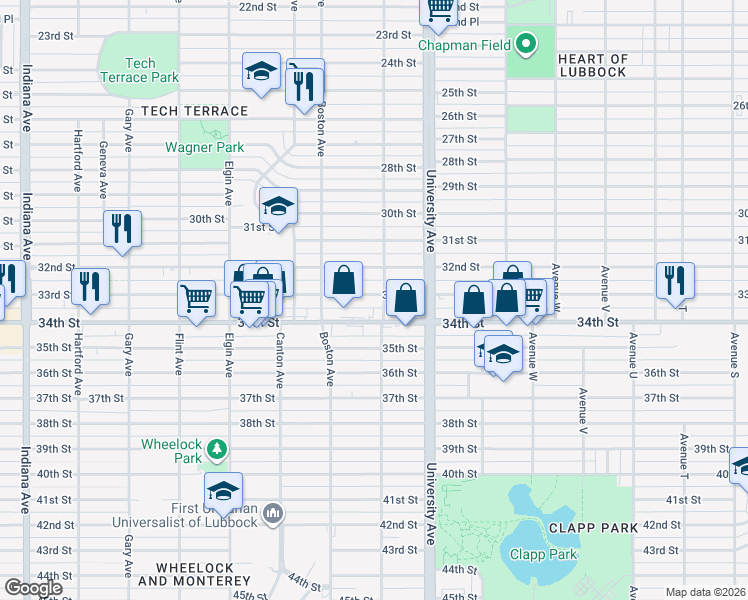 map of restaurants, bars, coffee shops, grocery stores, and more near 2517 33rd Street in Lubbock