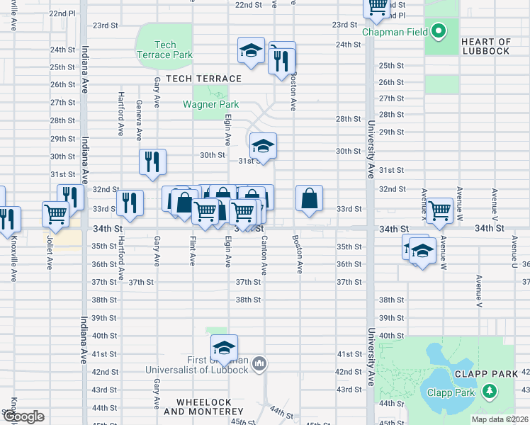 map of restaurants, bars, coffee shops, grocery stores, and more near 2805 33rd Street in Lubbock
