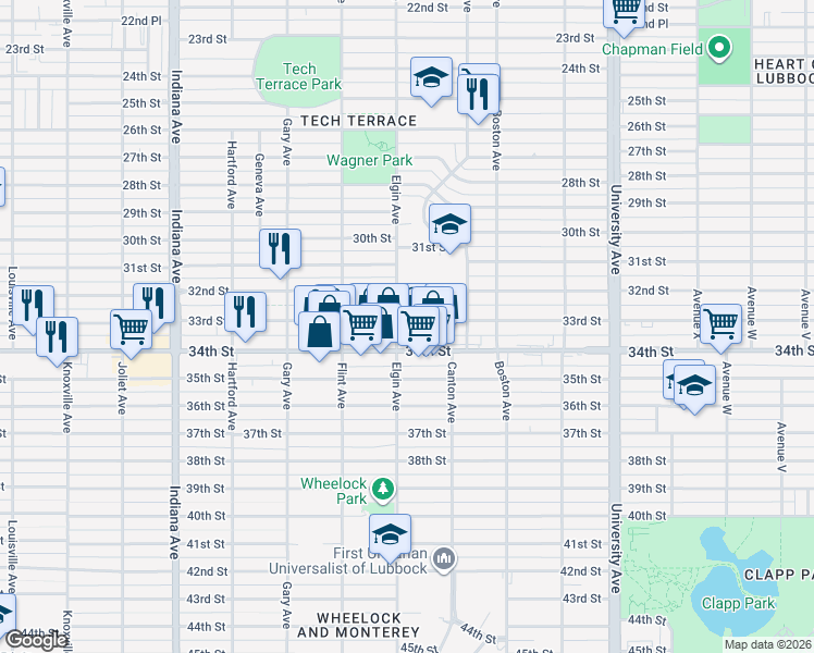 map of restaurants, bars, coffee shops, grocery stores, and more near 2821 33rd Street in Lubbock