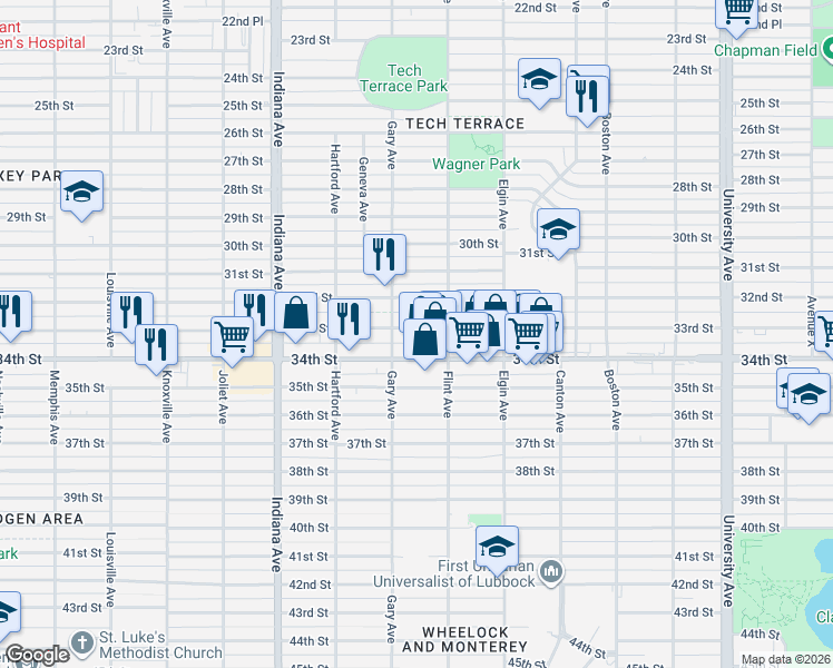 map of restaurants, bars, coffee shops, grocery stores, and more near 3119 33rd Street in Lubbock
