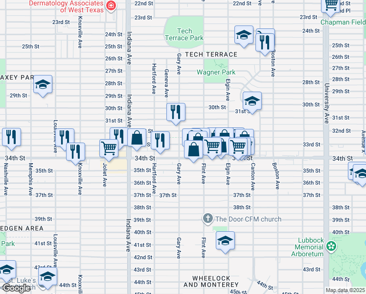map of restaurants, bars, coffee shops, grocery stores, and more near 3119 33rd Street in Lubbock